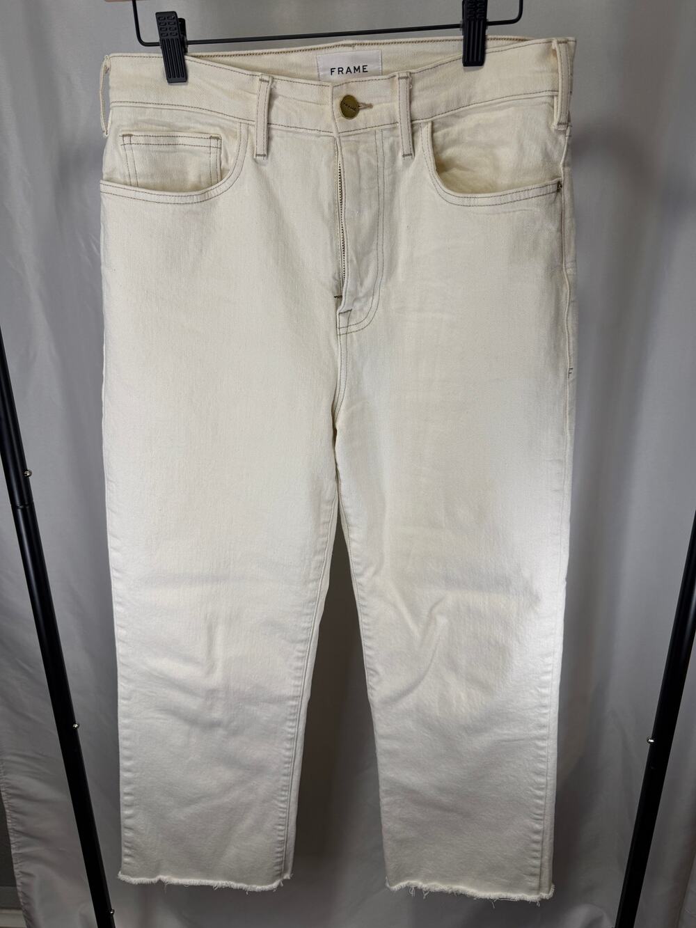 FRAME Le Jane Crop Jeans Women 28 Ivory White High Rise Raw Hem Straight Leg